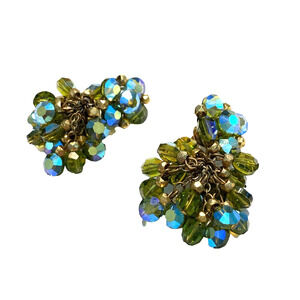 Vogue Clip On Earrings Drop Dangle Bead Clusters AB Green Blue Gold Mid Century